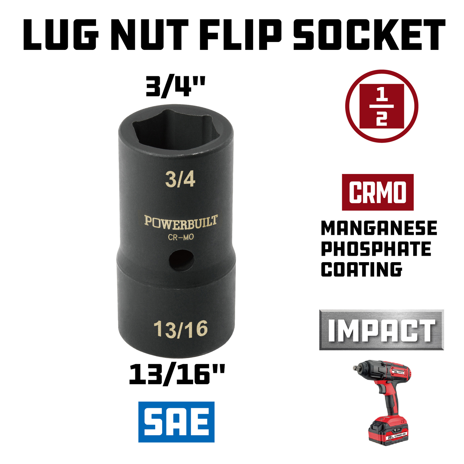 Powerbuilt 1/2 in. Double-End 3/4 in. x 13/16 in. SAE Flip Lug Nut Socket