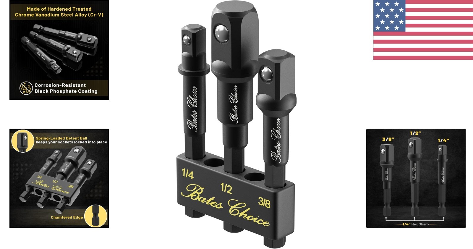 Bates 3-Piece Impact Socket Adapter Set – Chrome Vanadium Steel & Holder