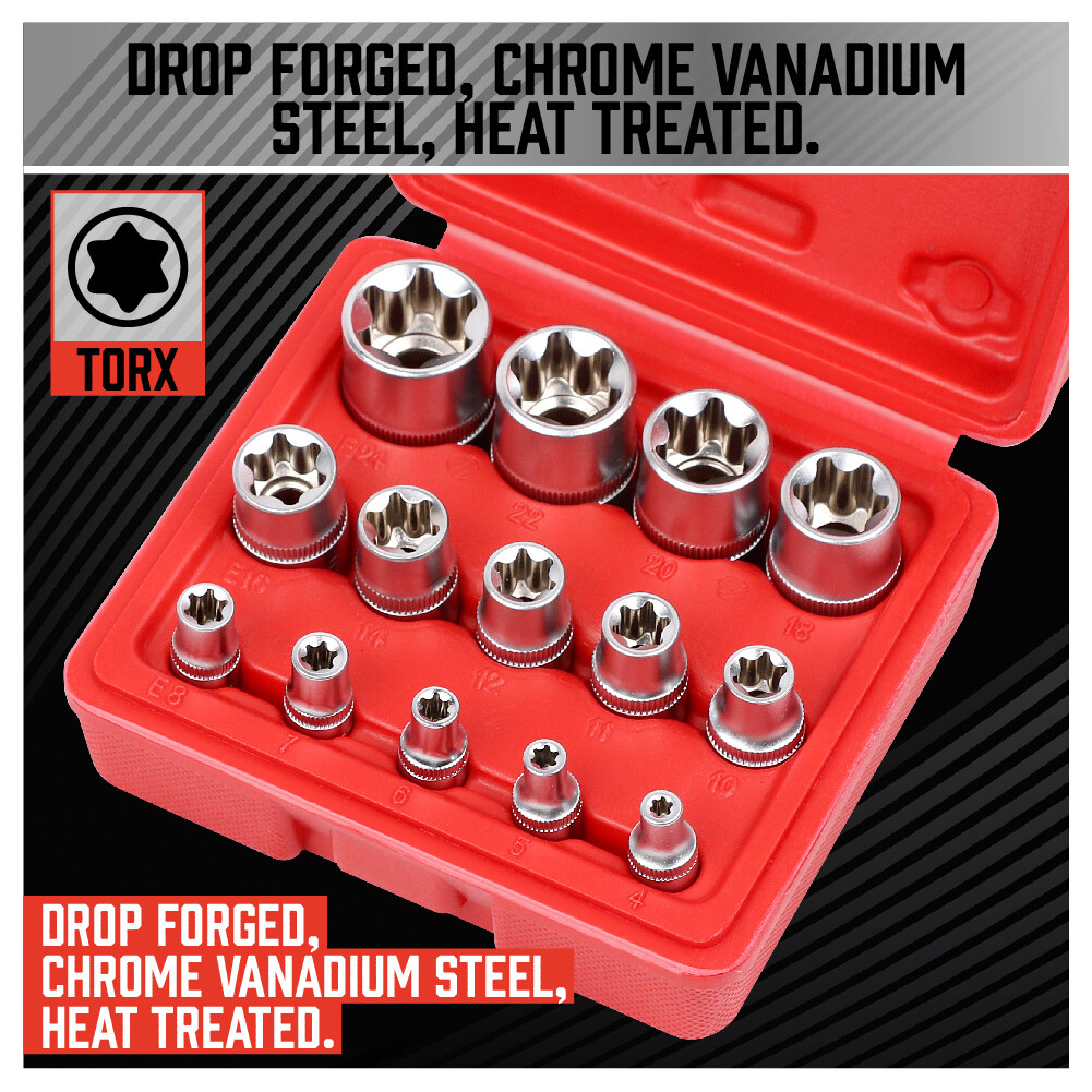 14 Pcs E Torx Star Female Bit Socket Set 1/2″ 3/8″ 1/4″ Drive E4 -E24 with Case