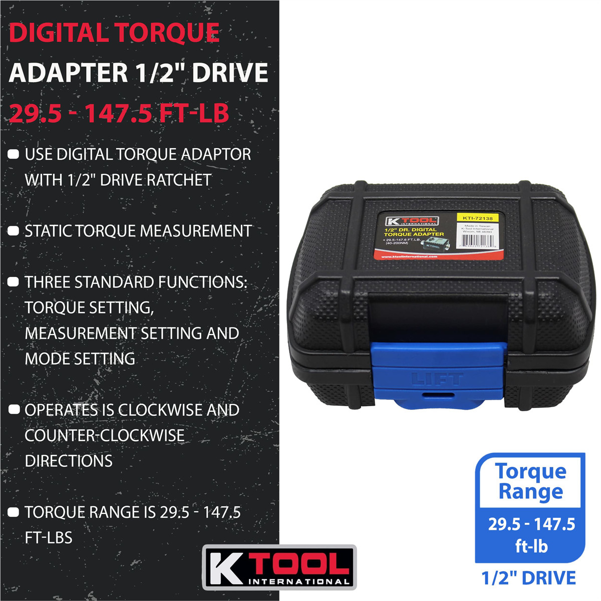 K Tool International 72138 Digital Torque Adapter 1/2 Drive 29.5 to 147.5 ft lbs