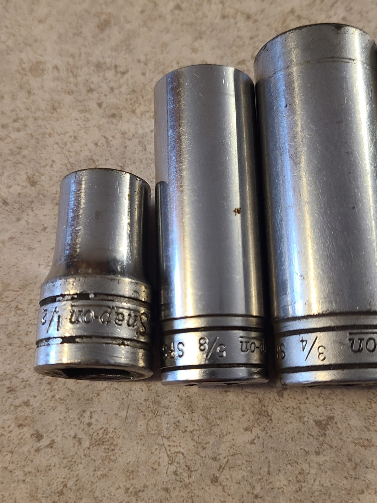 Lot Of Snap On 3/8” Drive Sockets SFS201, SFS241, SFS261, plus TW161 1/2″. Q22