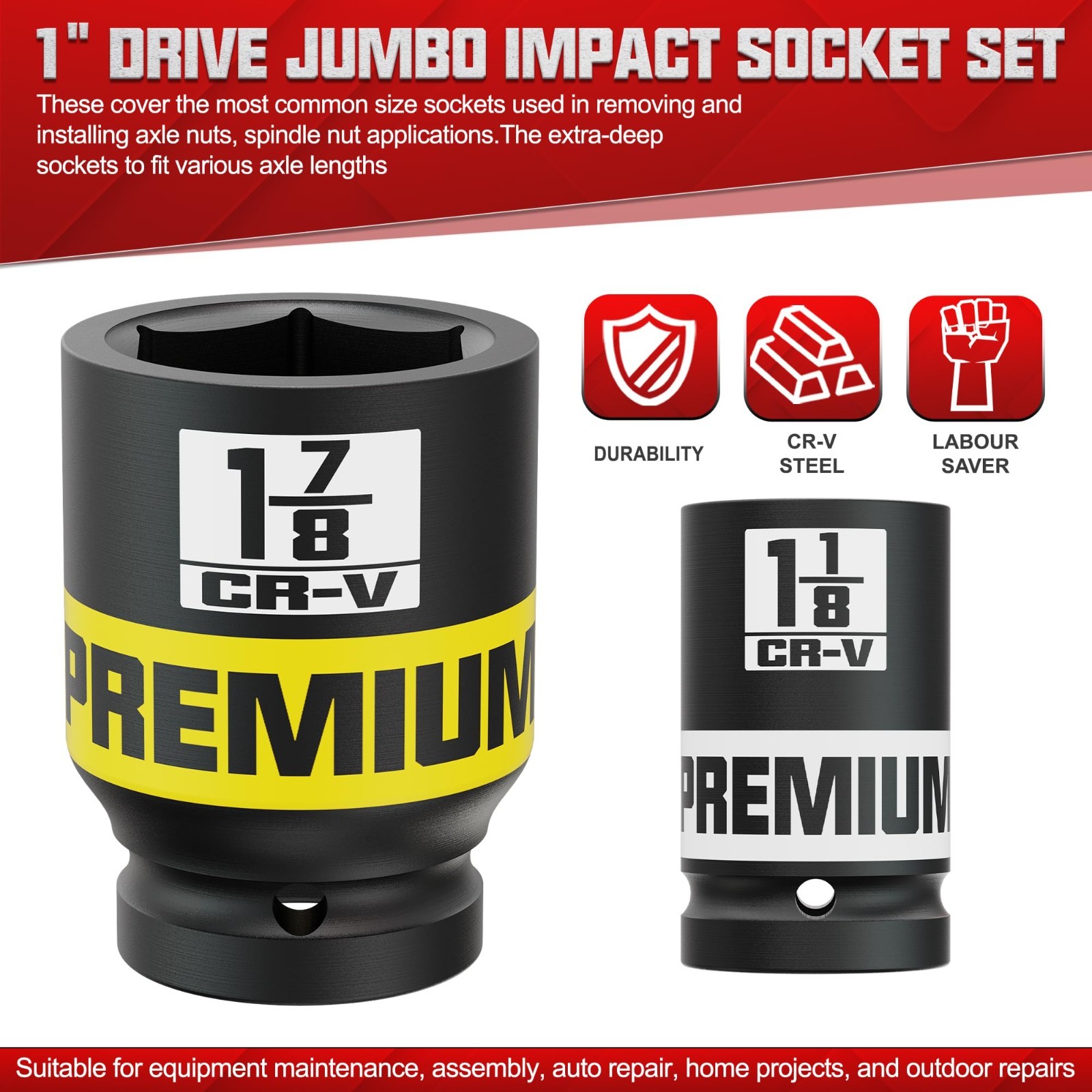 9-Piece 1″ Drive Jumbo Impact Socket Set, SAE Axle Nut, Deep 6-Point Cr-V Steel