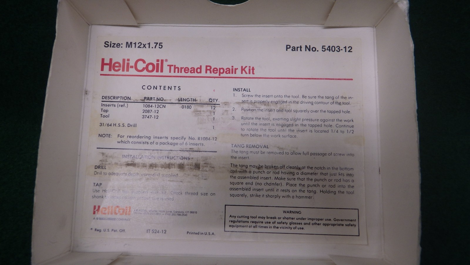 Helicoil Master Thread Repair Kit m12 x 1.75 5403-12 +Extra Inserts