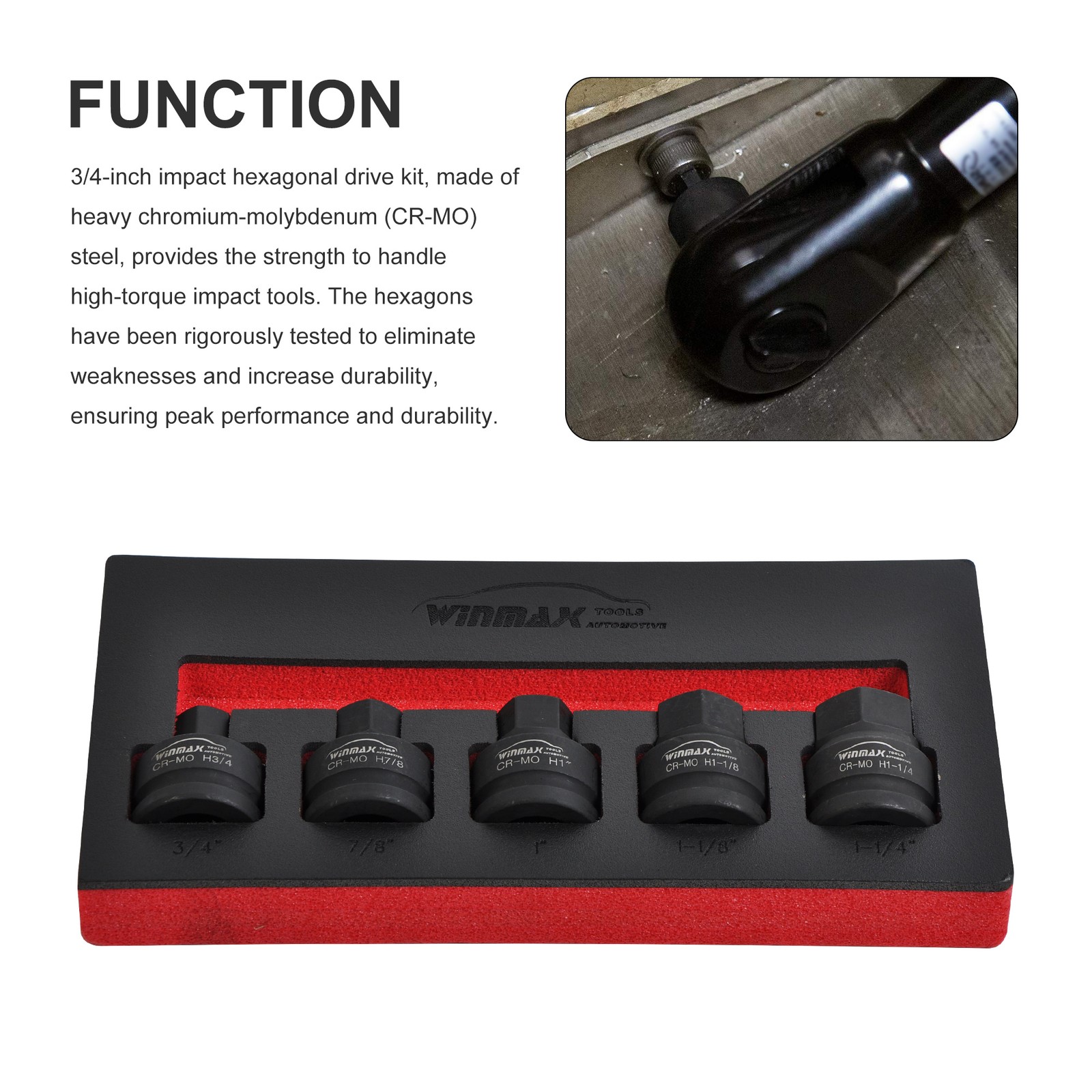 3/4″ Drive Impact Hex Driver Set, 5pc SAE 3/4″ 7/8″ 1″ 1-1/8″ 1-1/4″ Cr-Mo Steel