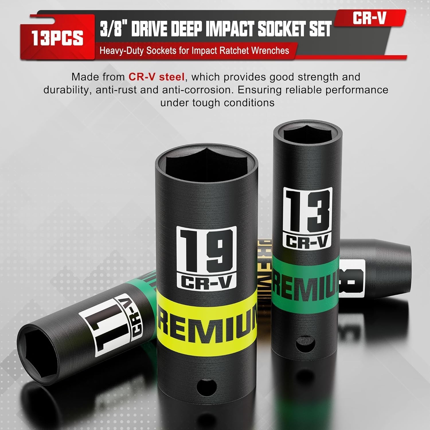 13-Piece Deep Impact Socket Set 3/8″ Drive 7-19mm CR-V Heavy Duty Automotive …