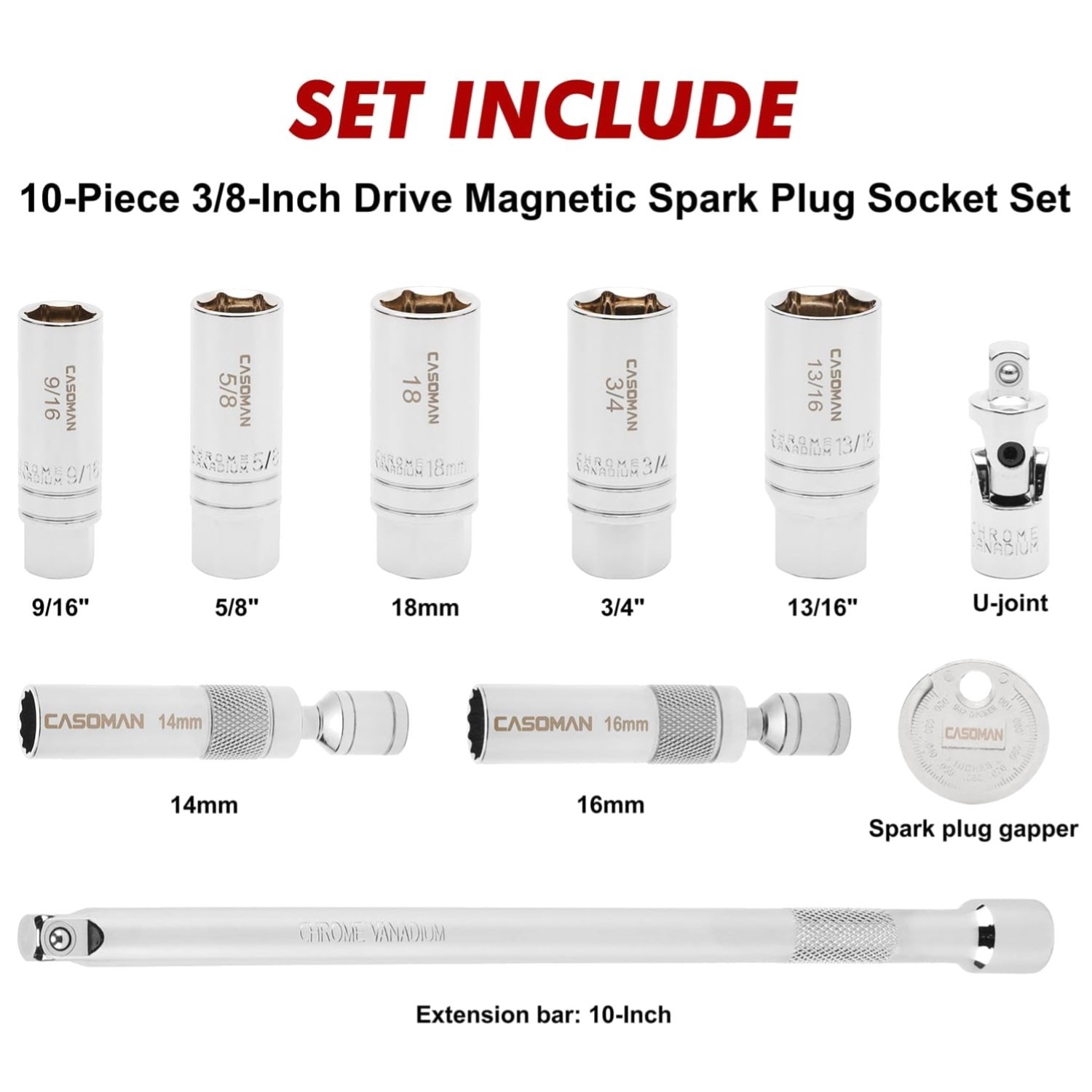 Casoman 10pc Spark Plug Socket Set, Magnetic Tip, CR-V Steel