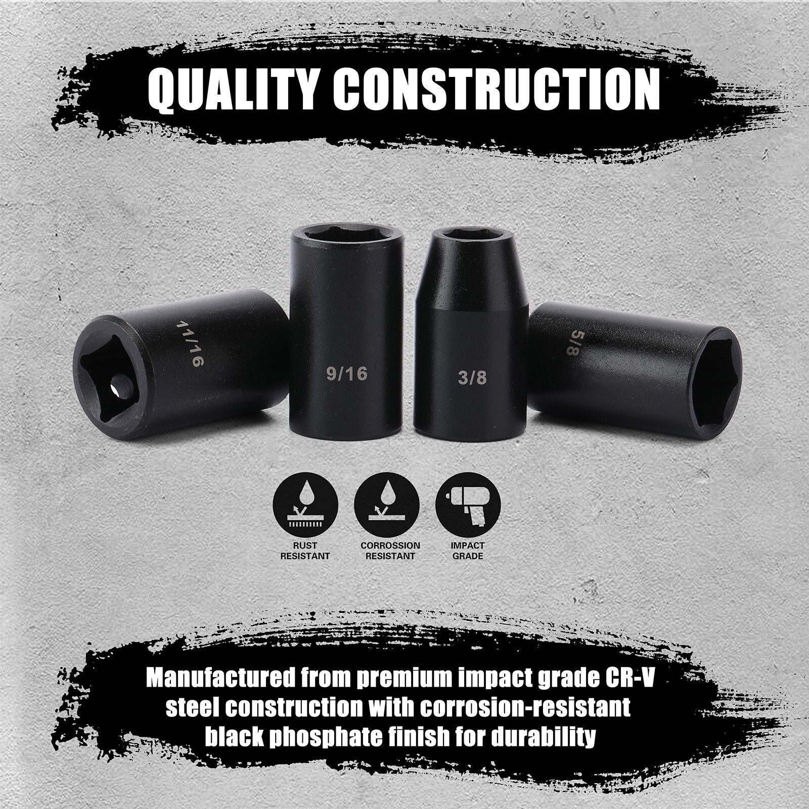 14 Pieces 1/2-Inch Drive Shallow Impact Socket Set, SAE, 6-Point, 3/8″ to 1-1/4″