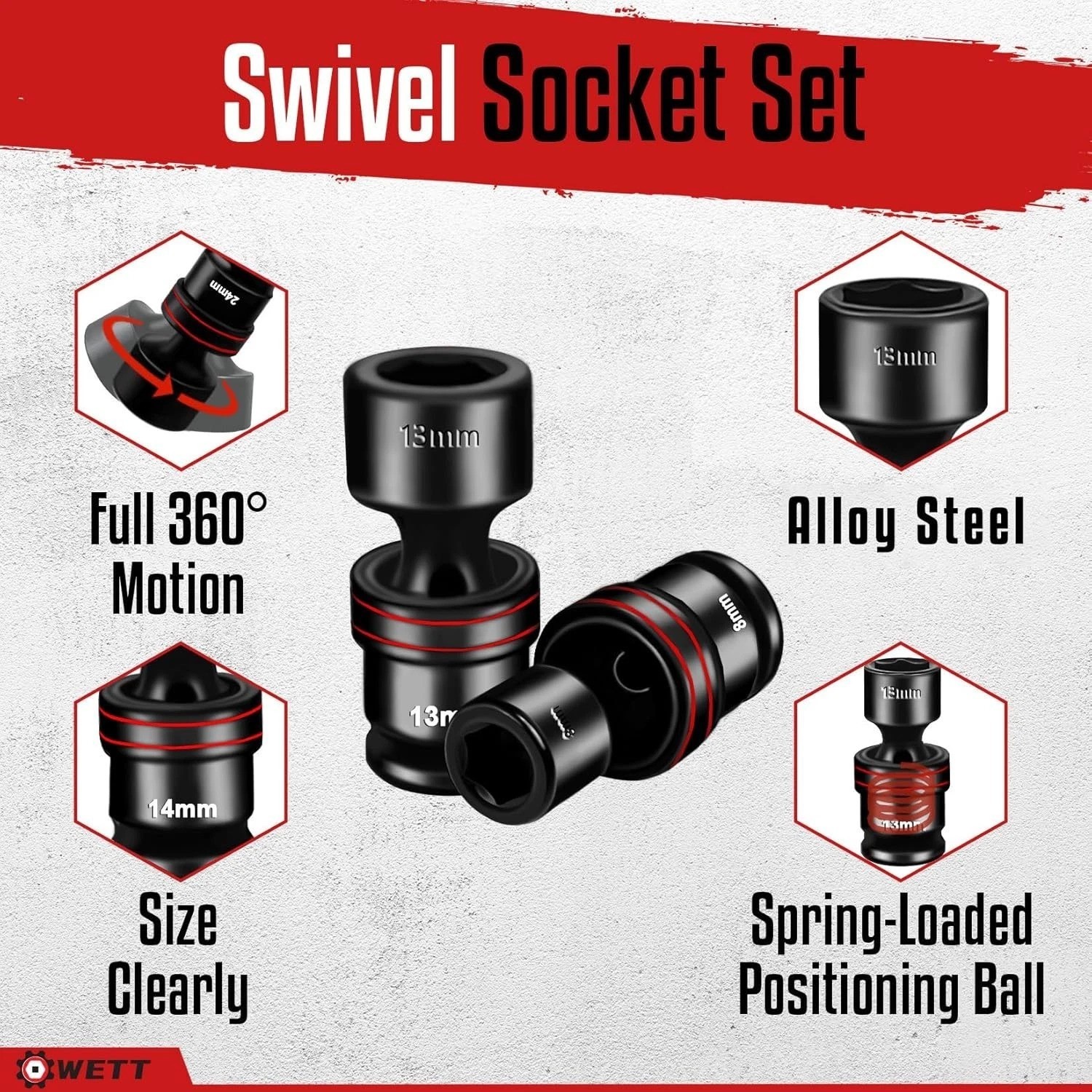 15PC 3/8″DR.Universal Swivel Deep Impact Socket Set(METRIC)PRO Radius 8-22mm Set