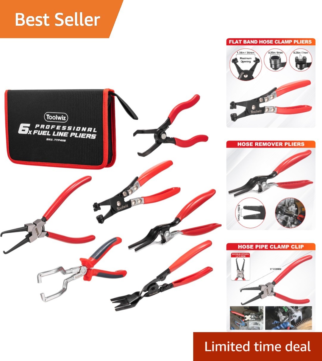 6-Piece Heavy-Duty Fuel Line Pliers Set with Ergonomic Handles & Storage Bag