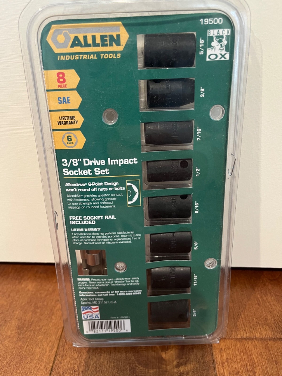 Allen Tools 19500 SAE Impact Socket Set 8pcs w rail 3/8 Drive 6pt Made in USA