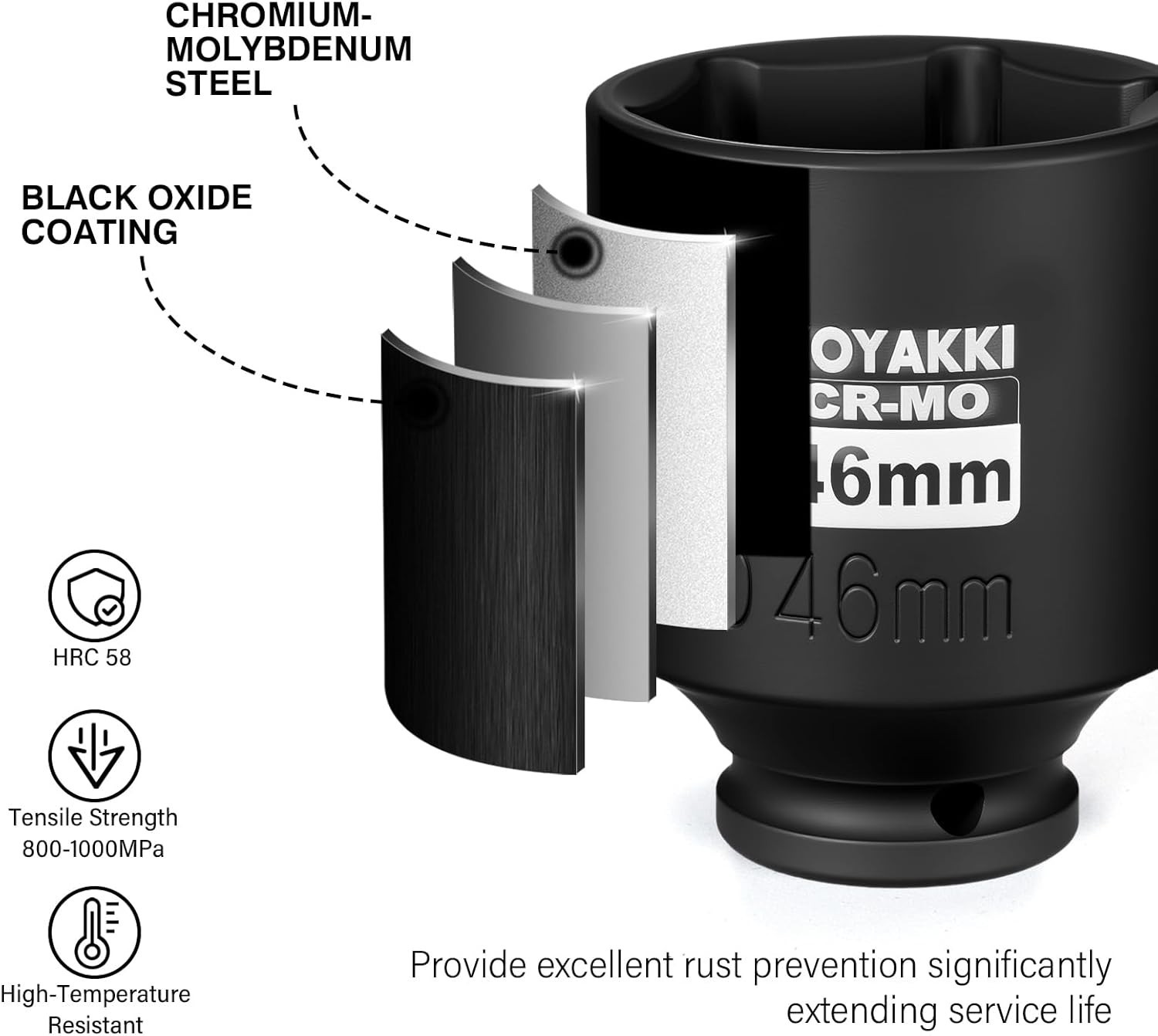 High-Precision 46mm 1/2 Inch Drive Impact Socket with Laser-Etched Markings