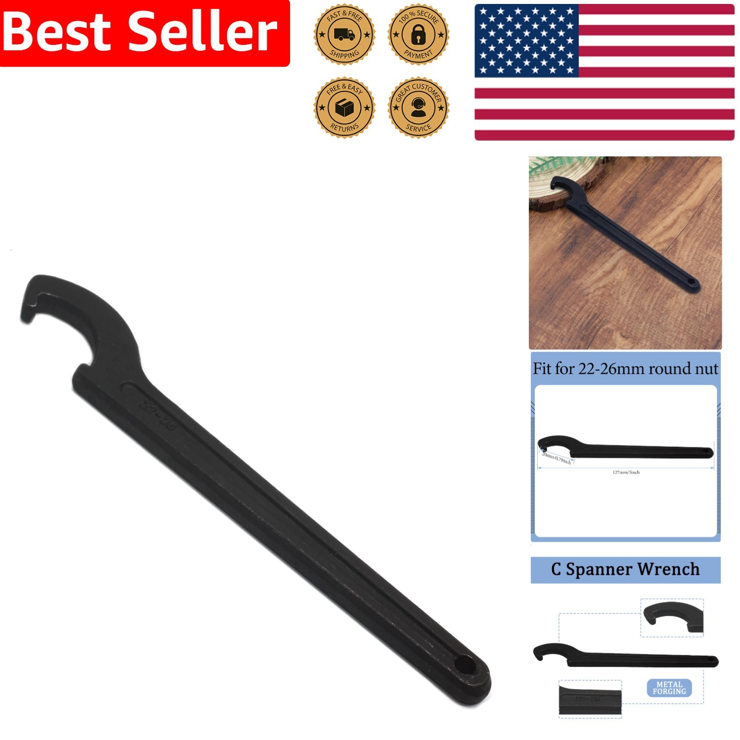 Durable C Hook Spanner Black 22-26mm Carbon Steel Round Nut Collet Chuck Tool
