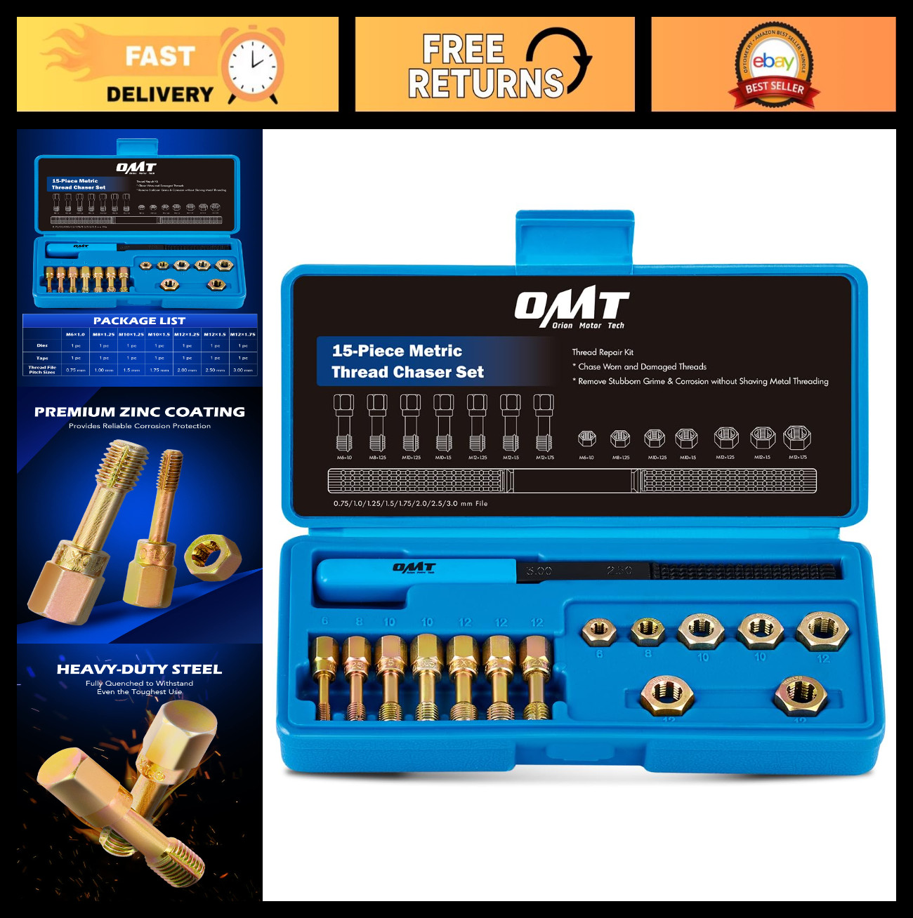 15-Piece Metric Thread Chaser Set | Rethreading Tool Kit for M6 M8 M10 M12 | Dur