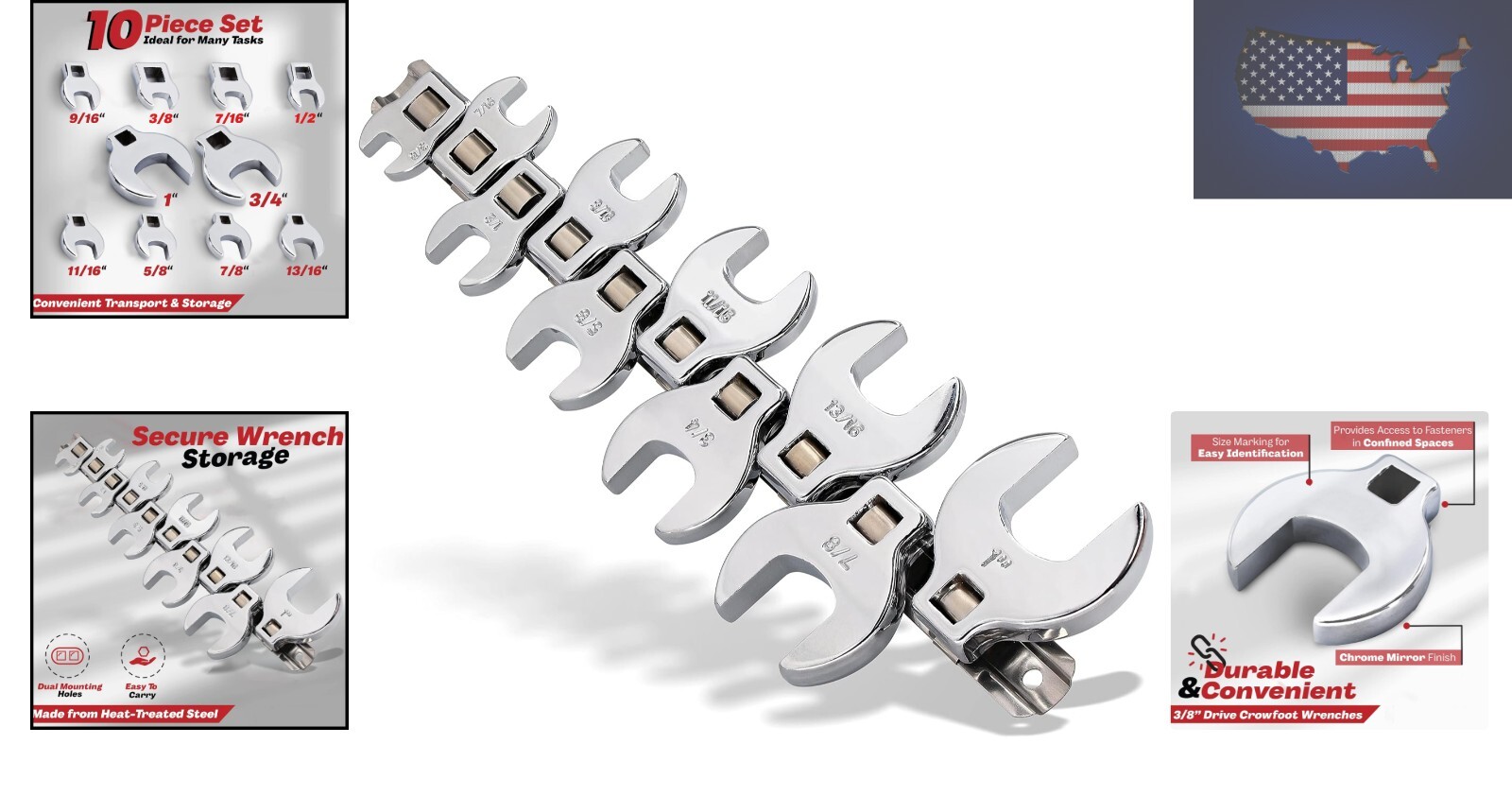 Durable SAE 10-Piece Crow Foot Wrench Kit with Clip Organizer for Mechanics