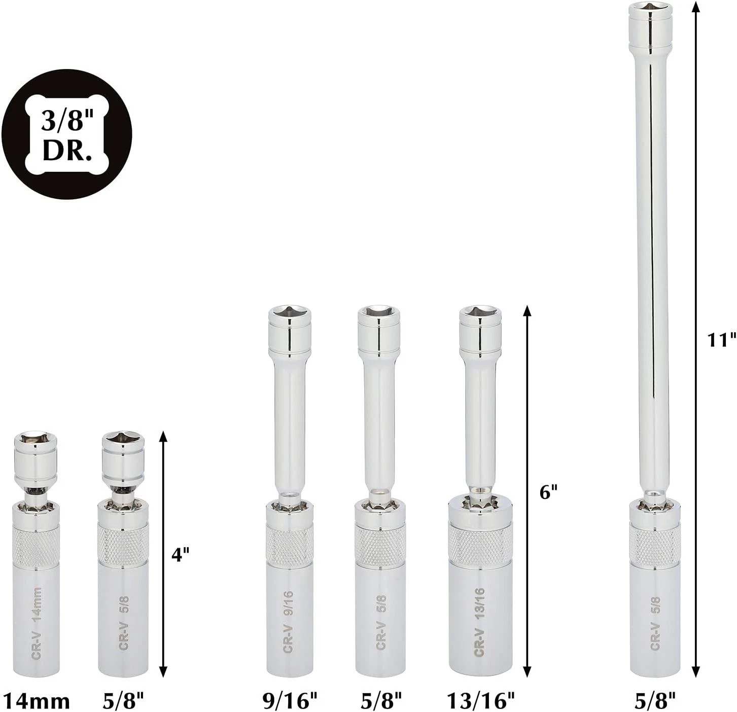 6PCS 3/8″ Drive Magnetic Swivel Spark Plug Socket Set, 12 Point, CR-V, Extens../