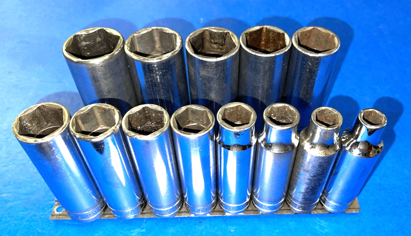 SNAP-ON TOOLS 13 PIECE 1/2 DRIVE SAE. DEEP CHROME SOCKET SET 6 POINT 313TSYA