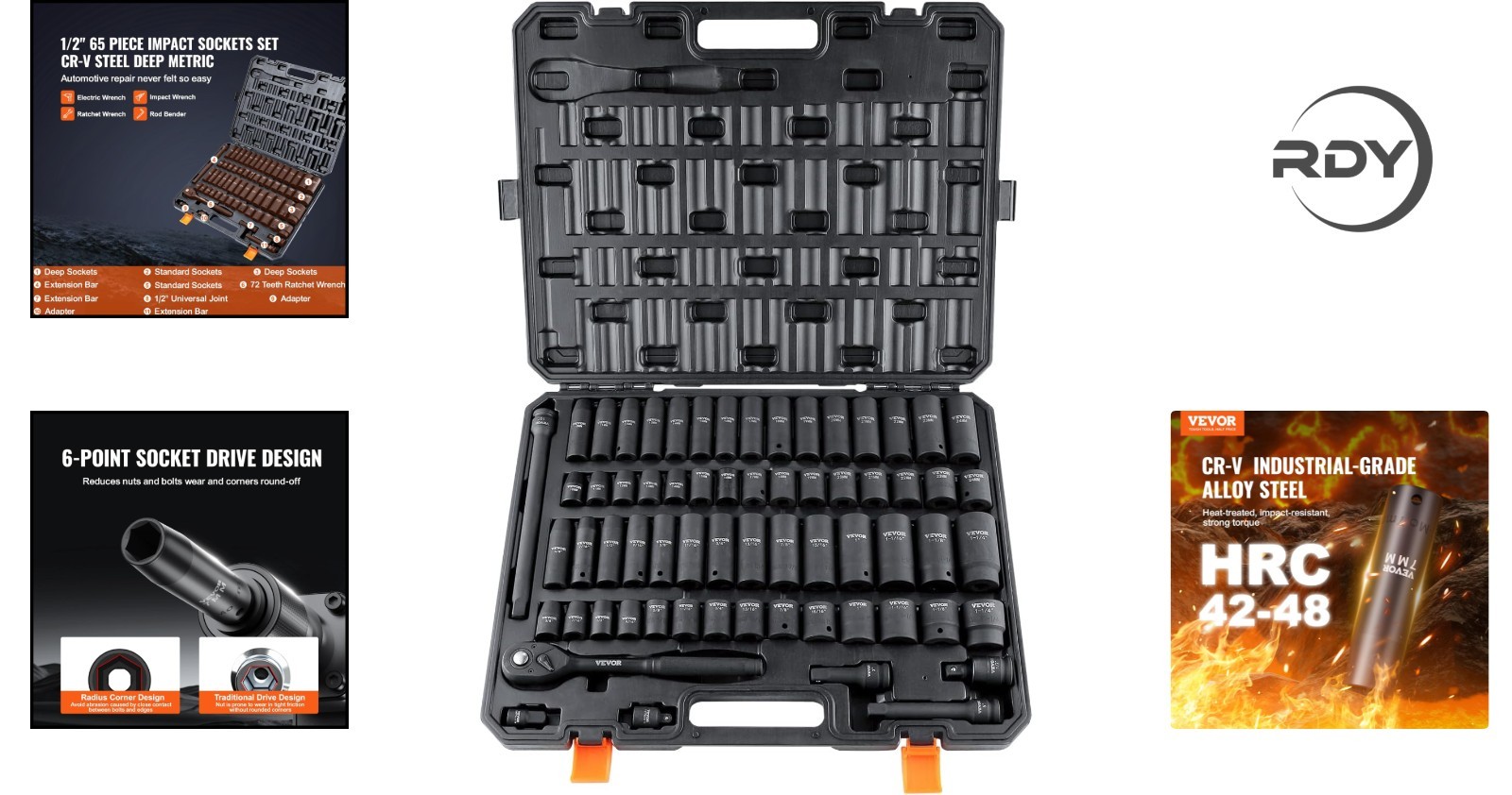 65-Piece 1/2″ Drive Impact Socket Set in Chrome Vanadium Steel for Auto Repair