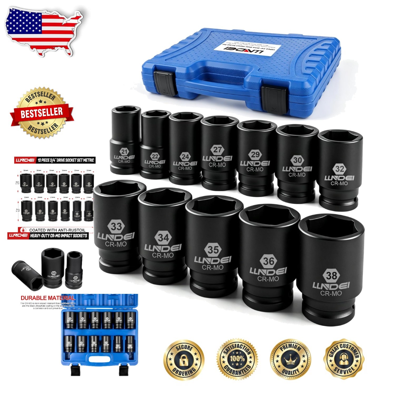 Pro 3/4 Drive Impact Socket Set 12pc Metric 21-38mm CR-MO Lifetime
