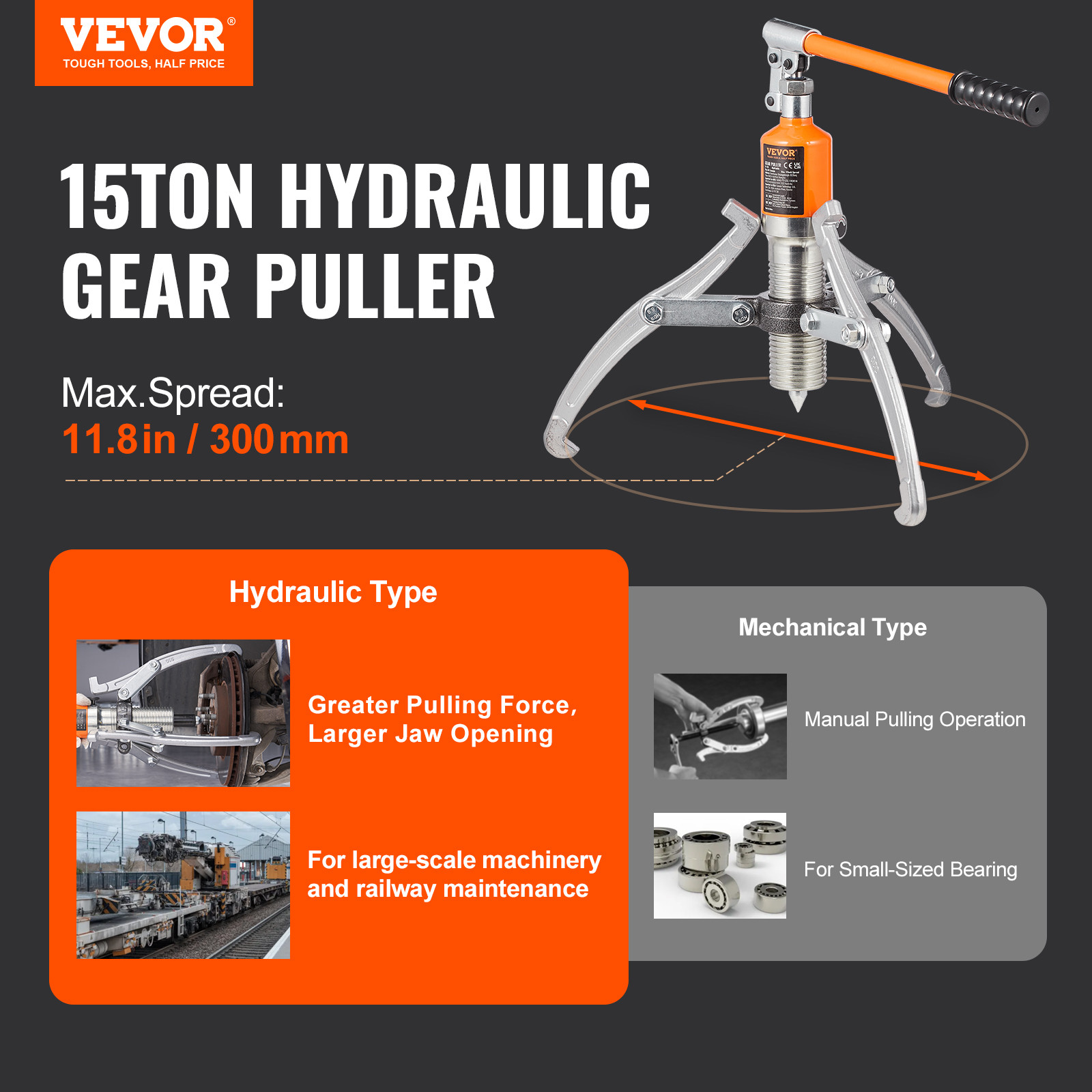 VEVOR Hydraulic Gear Puller 15 Ton Wheel Pulley Bearing 2 or 3-Jaw with Case