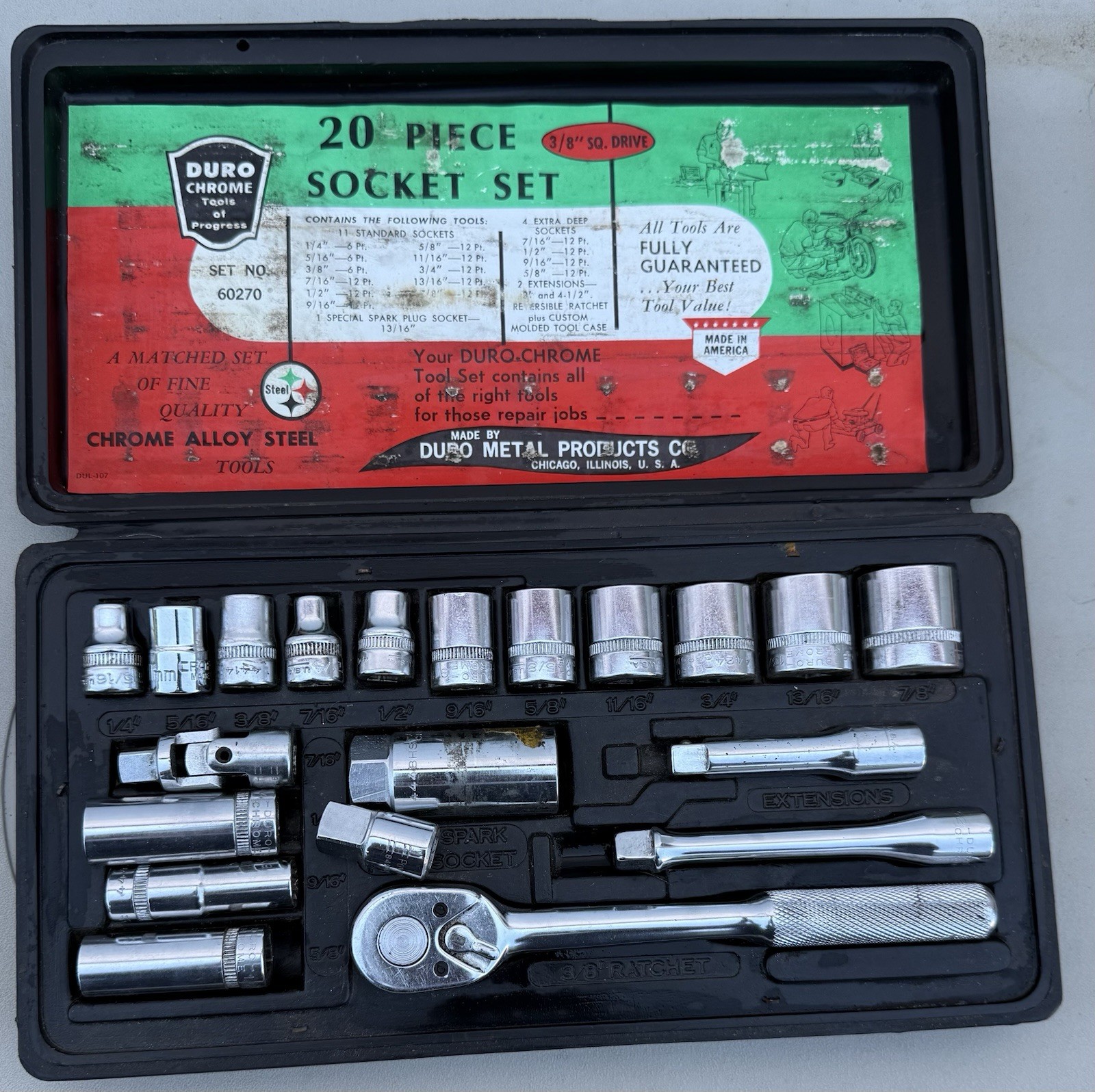 Vintage Duro Chrome 20 Piece Socket Set 3/8” Square Drive Set NO. 60270 EUC