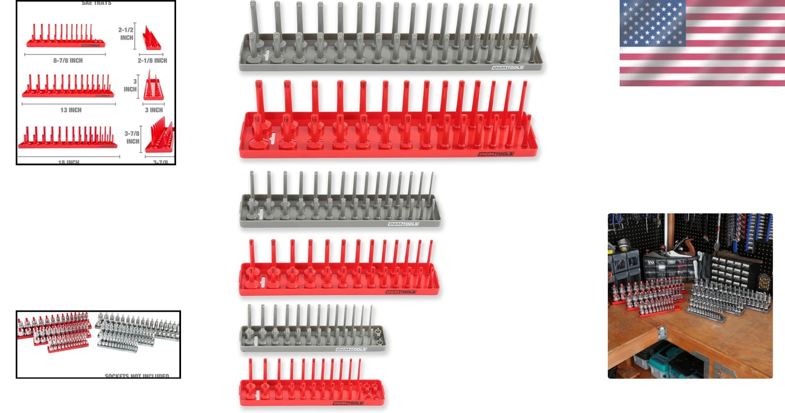 22413 6-Piece Socket Tray Set for SAE & Metric Storage – Red/Grey Design