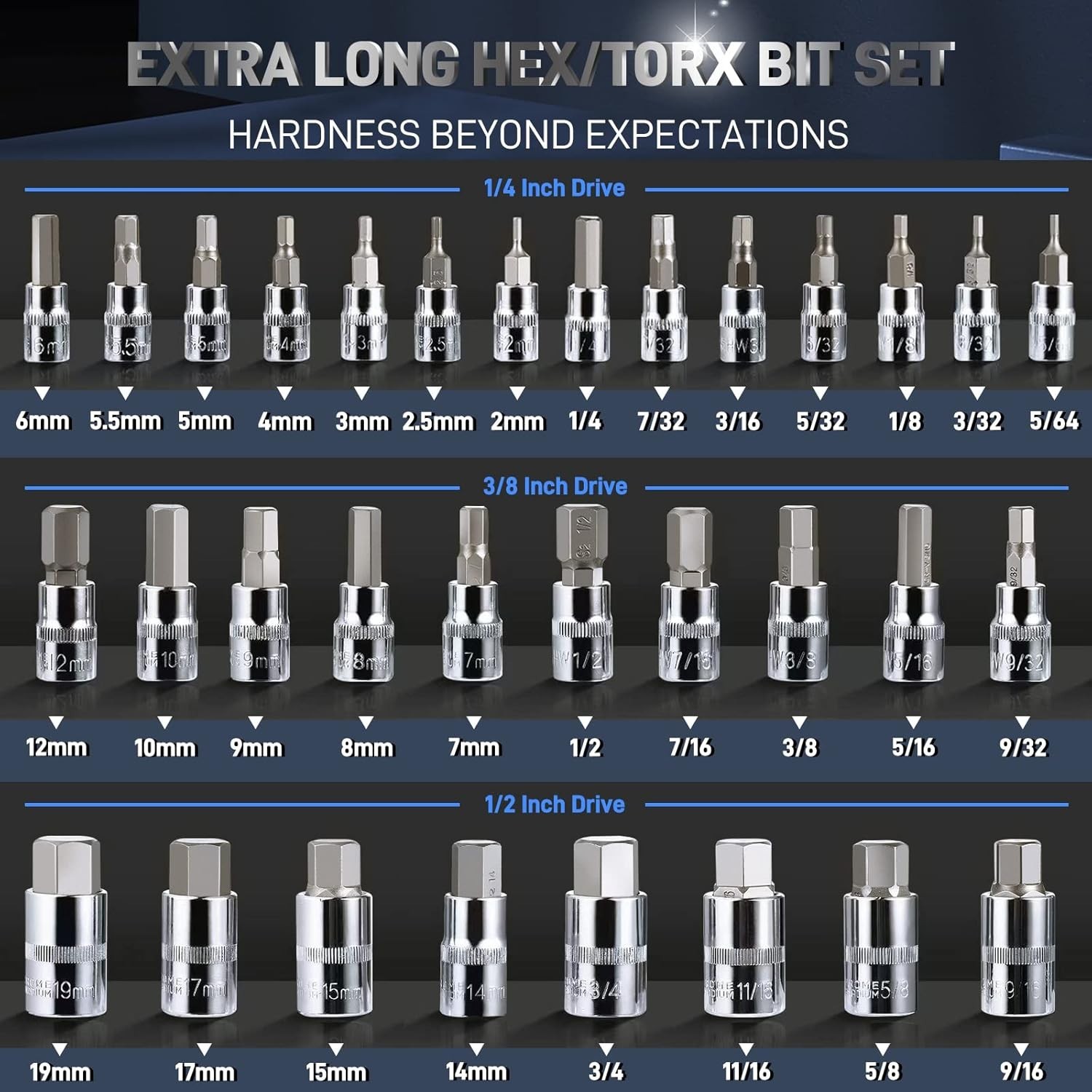 High Strength HEX Bit Socket Set in Chrome Vanadium Steel