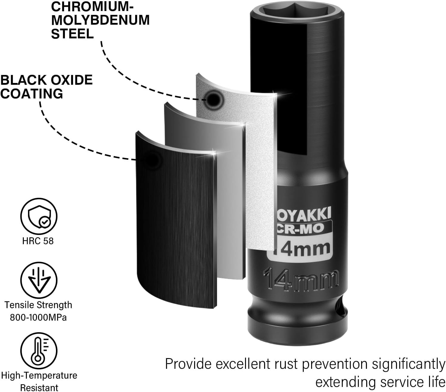 1/2″ Drive x 14 mm Deep 6 PT Impact Socket, CR-MO,1/2-inch Drive 6 Point Axle…