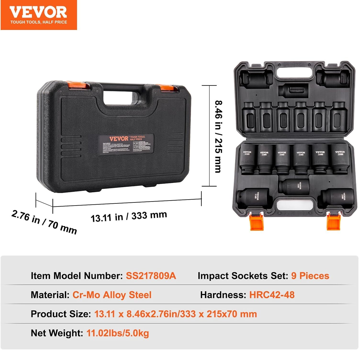 1/2″ Drive Impact Socket Set, 9 Piece Deep Socket Set Metric 29-38mm