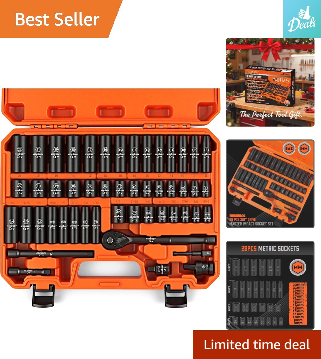 High-Quality 3/8″ Drive Impact Socket Set, 50 Cr-V Pieces with Extensions