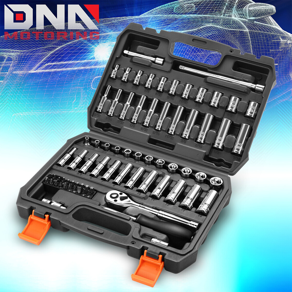 72Pcs 1/4″ Drive Socket Tool Set SAE Metric w/Ratchet & Adapter & Extension Bars