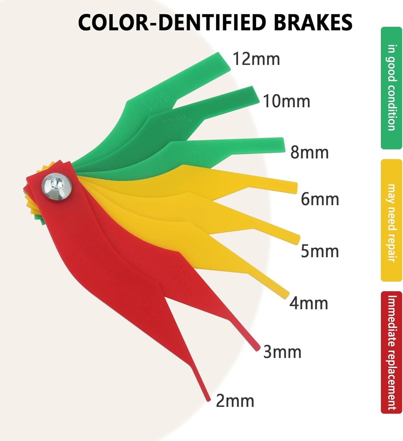 8PCS Brake Pad Measuring Tool, Color-Coded Metric & SAE Thickness Gauge for Cars