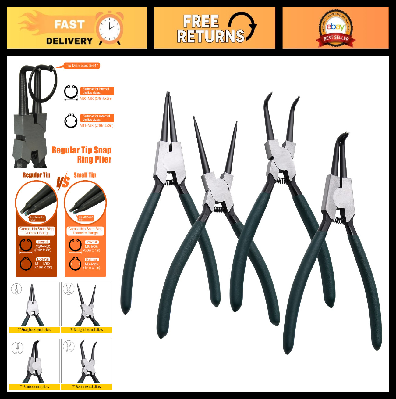 4pcs Snap Ring Pliers Set – 7″ Internal/External Circlip Kit, Heavy Duty Spring