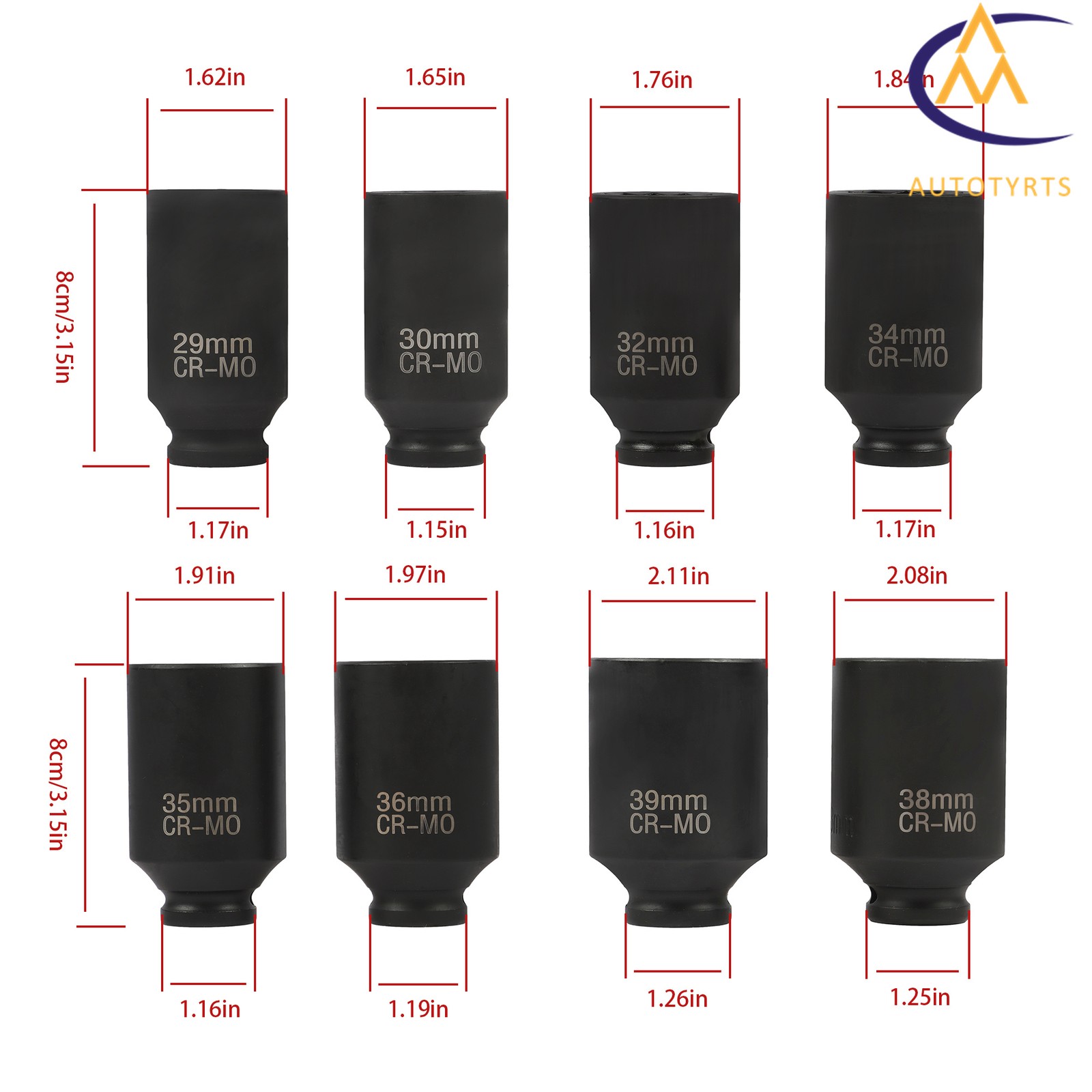 8PCS 1/2″ Drive Deep Spindle Axle Nut Impact Socket Set 12 Point 29-39mm