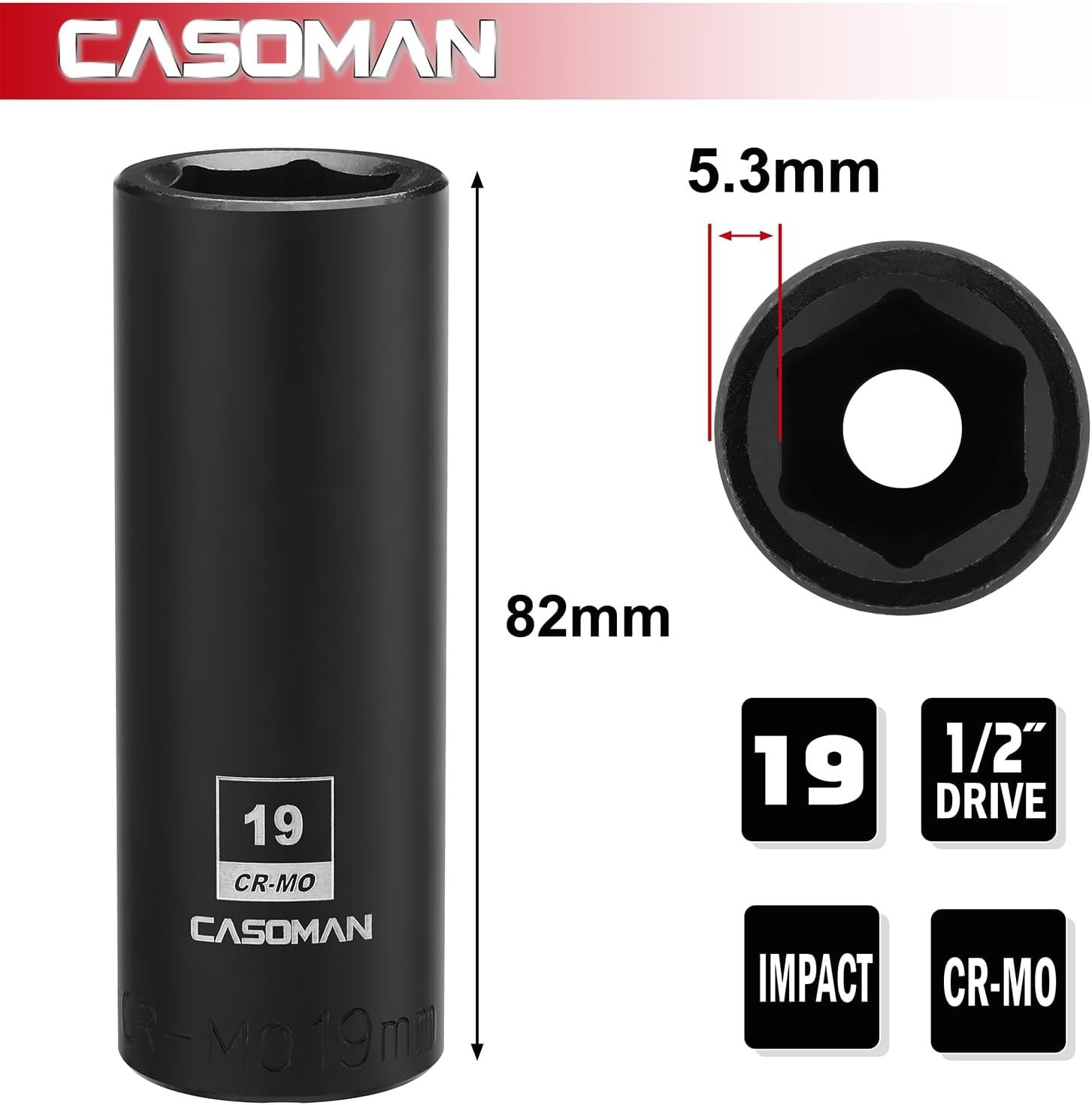 Corrosion-Resistant 19mm Deep Impact Socket, 1/2 Inch Drive – 6-Point Design