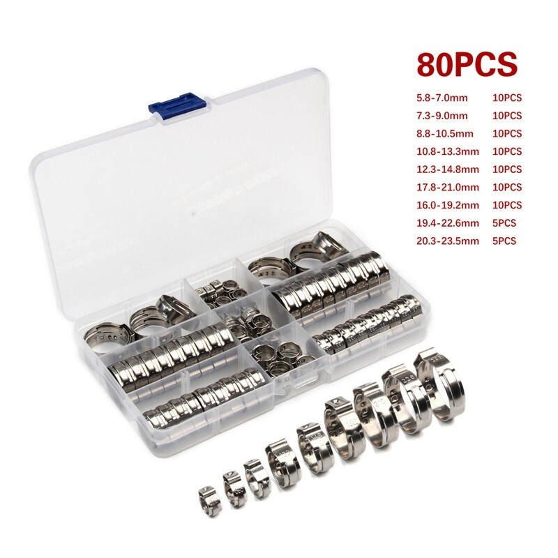80X Assorted Hose Clamp Stainless Steel Ear Cinch Rings Crimp Pinch Set Pliers