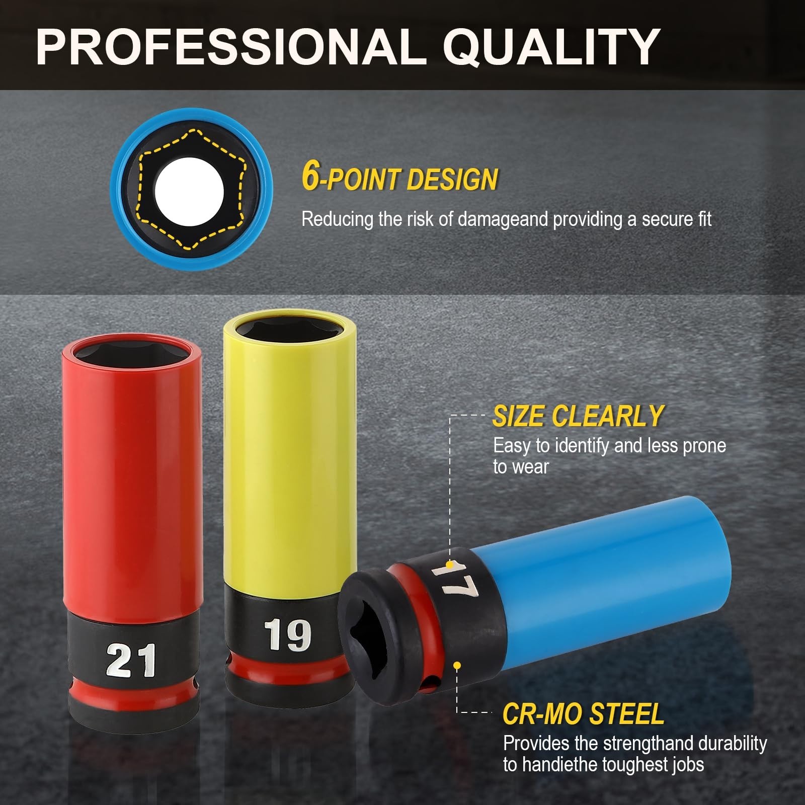 3PC 1/2″ Drive Impact Lug Nut Socket Set – Metric 17-19-21mm, CR-MO Steel, Deep