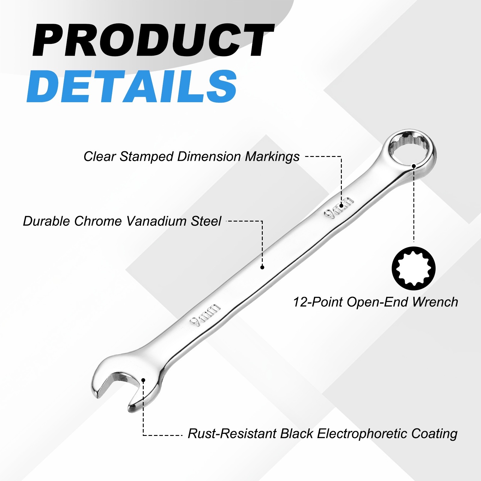 9mm Metric Combination Wrench, | Silver CR-V Steel, 1-Piece