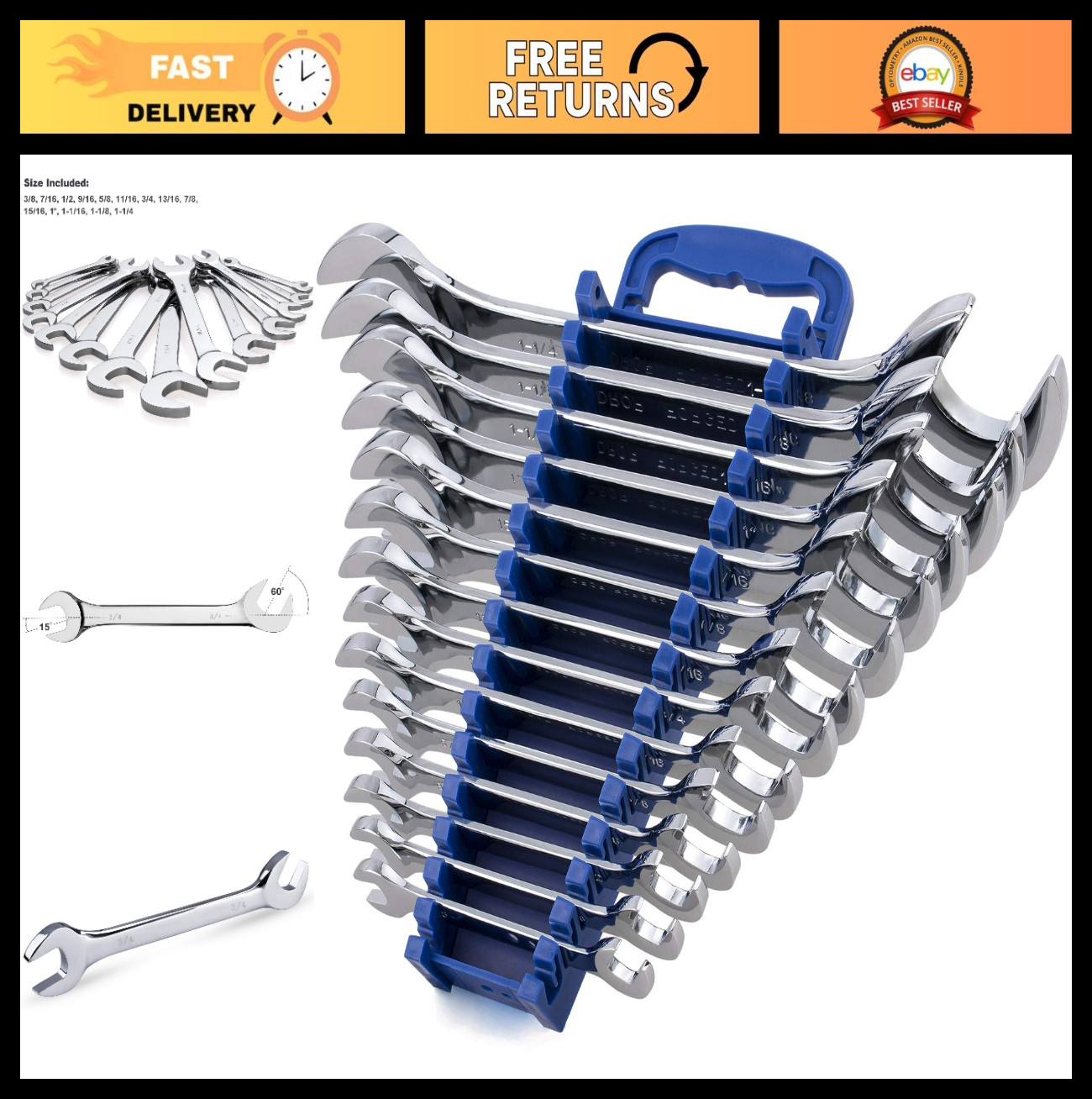 14-Piece Angle Head Open End Wrench Set, Chrome Vanadium Steel, Inch Sizes + Rac