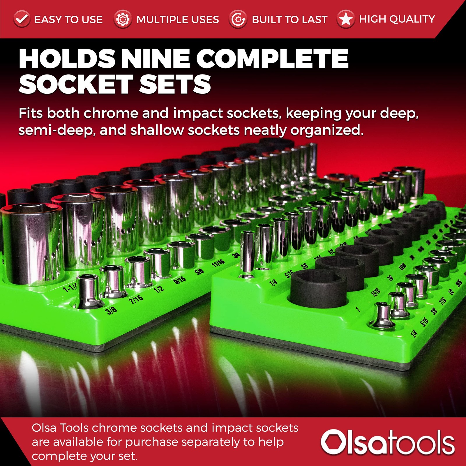 Magnetic Socket Organizer 1/4 3/8 1/2 Drive SAE Green 1561 Olsa Tools 1/2-Inch