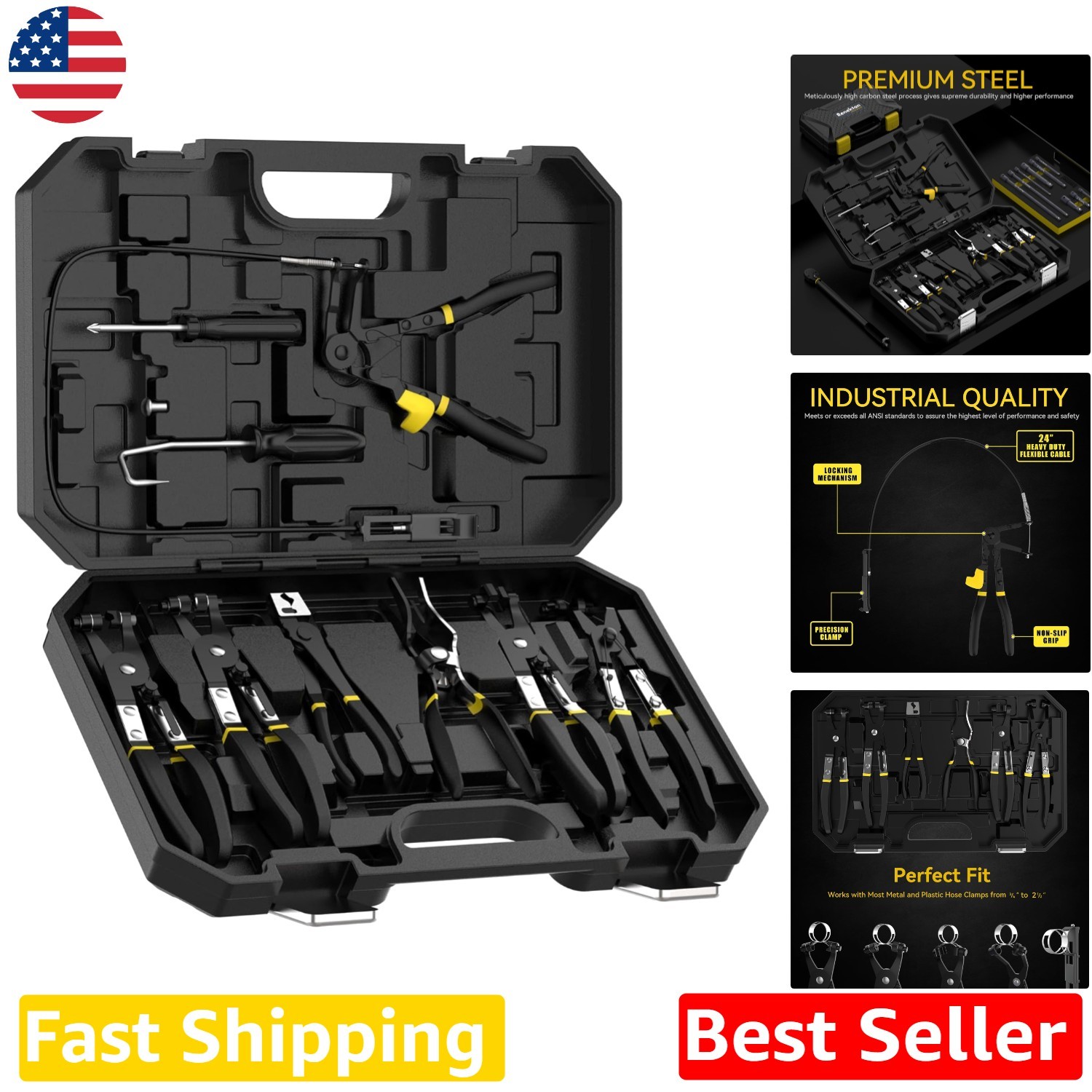 Heavy Duty Hose Clamp Pliers Set 9pc – Alloy Steel Swivel Jaw Flexible Auto R…