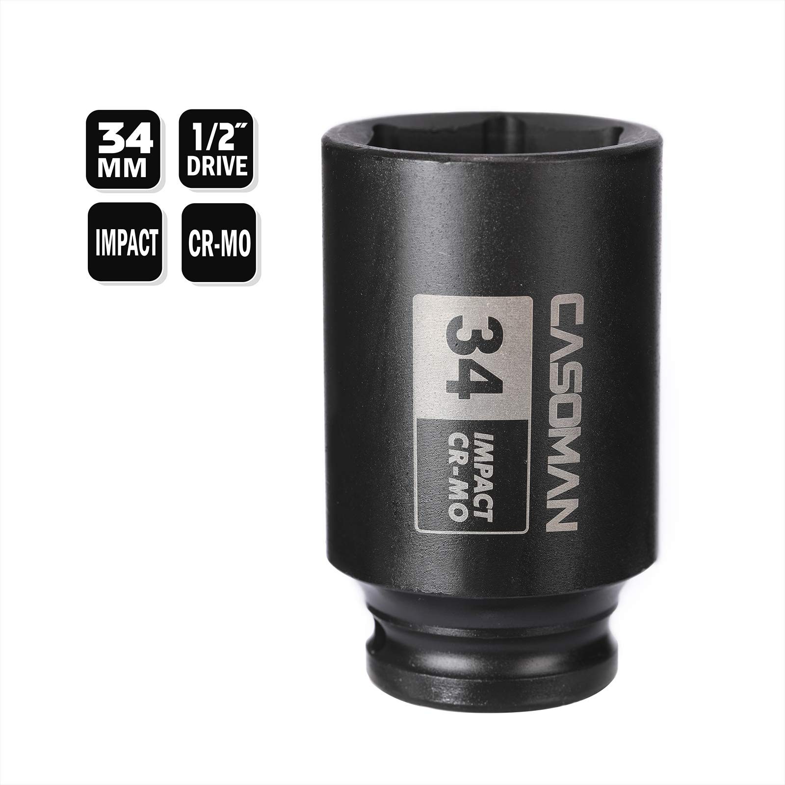 CASOMAN 1/2″ Drive x 34 mm Deep 6 PT Impact Socket, CR-MO, 34 (Deep)