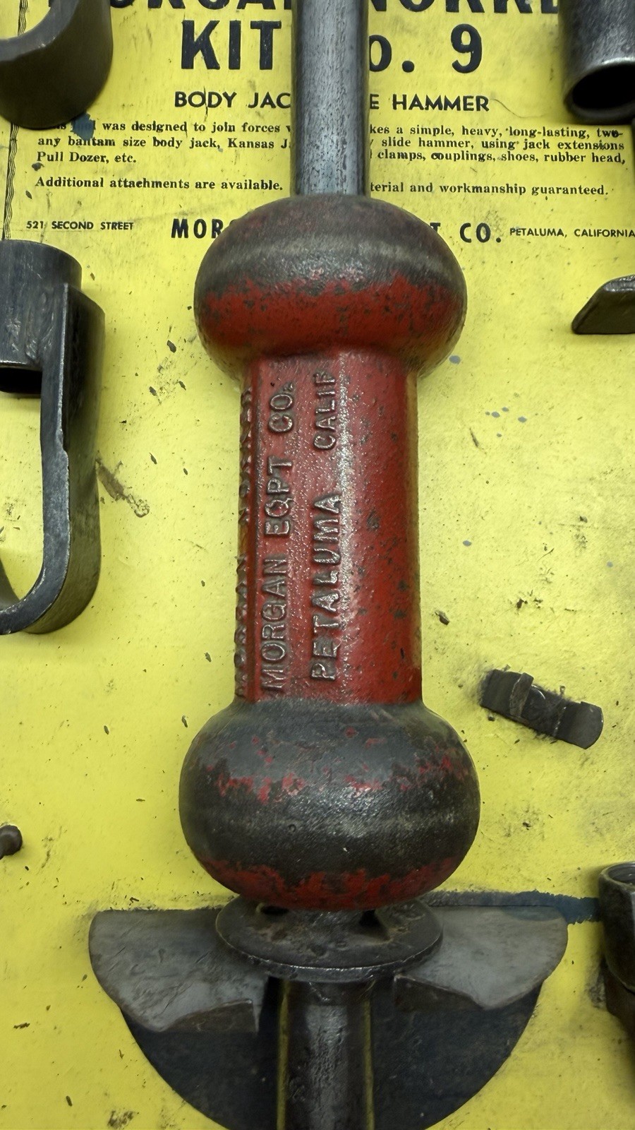 Vtg Morgan Manufacturing No.9 Nokker Kit Mounted on Board Slide Hammer Auto Body
