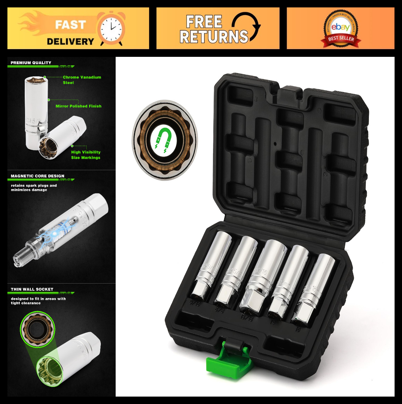 5-Piece Magnetic Spark Plug Socket Set, 3/8″ Drive, 14mm 16mm 9/16″ 5/8″ 13/16″,