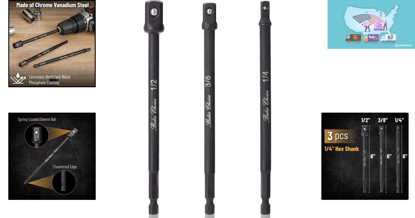 Bates 3-Piece Impact Socket Adapter Set – 6-Inch Chrome Vanadium Steel