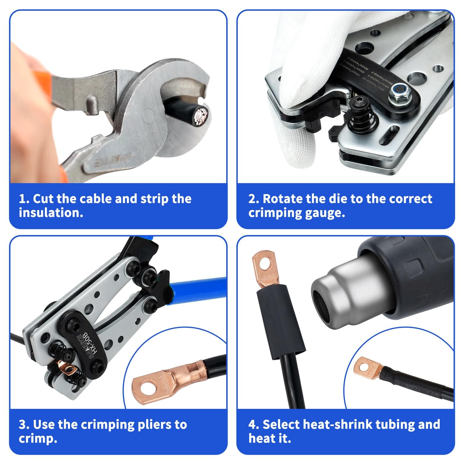 Sanuke Battery Cable Lug Crimping Tool for AWG10-1/0, Wire Silver+blue