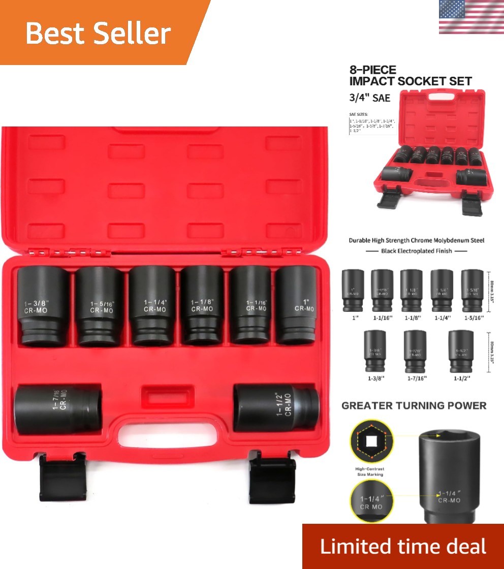 3/4 Inch Drive Deep Impact Socket Set,6-Point,SAE1″to 1-1/2″,8 Pcs,Cr-Mo.Heav…