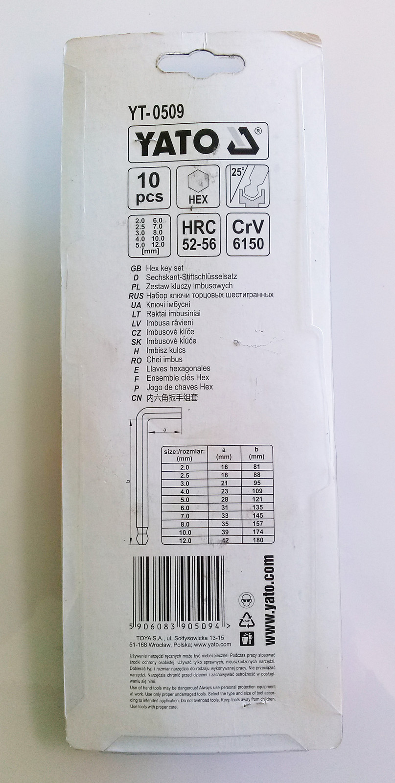 YATO YT-0509 Hex Key Set 10 Pcs 2-12mm HRC 52-55 CrV 6150