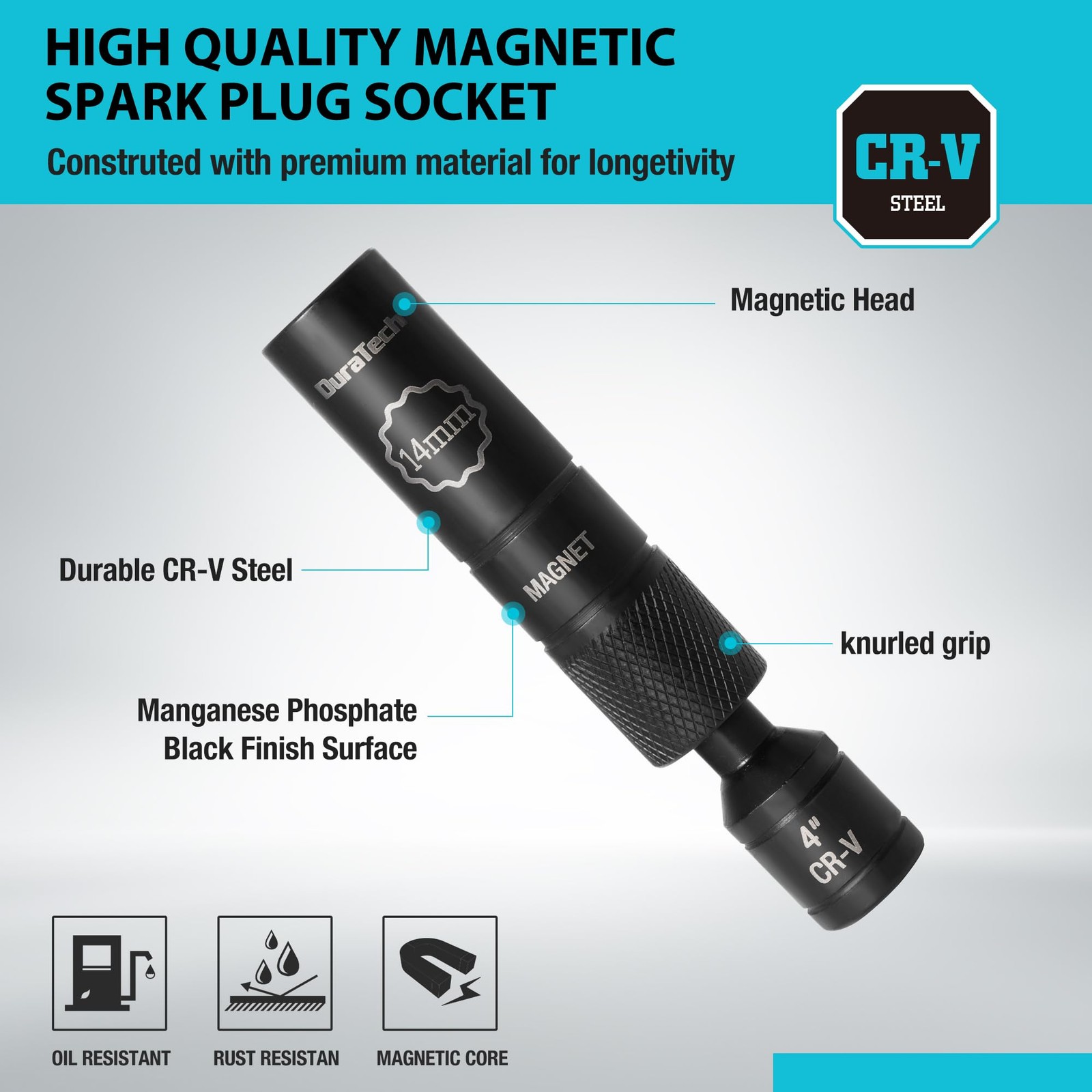 DURATECH 14mm Swivel Magnetic Spark Plug Socket, 1MM Thin 9/16″ x 3/8″ x 4″