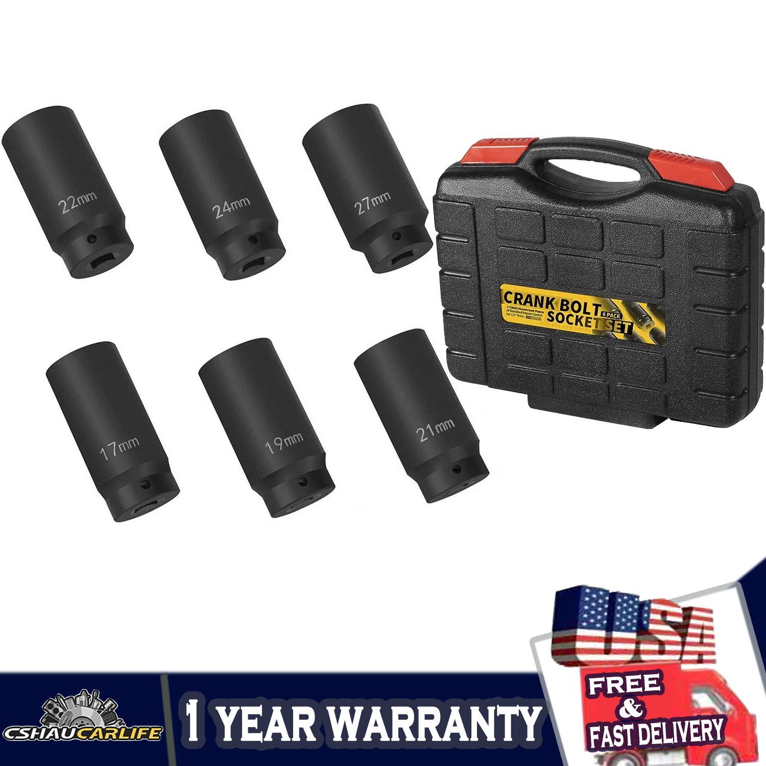1/2» Drive Crank Bolt Socket Set – 17MM, 19MM, 21MM, 22MM, 24MM, 27MM 6 Pack
