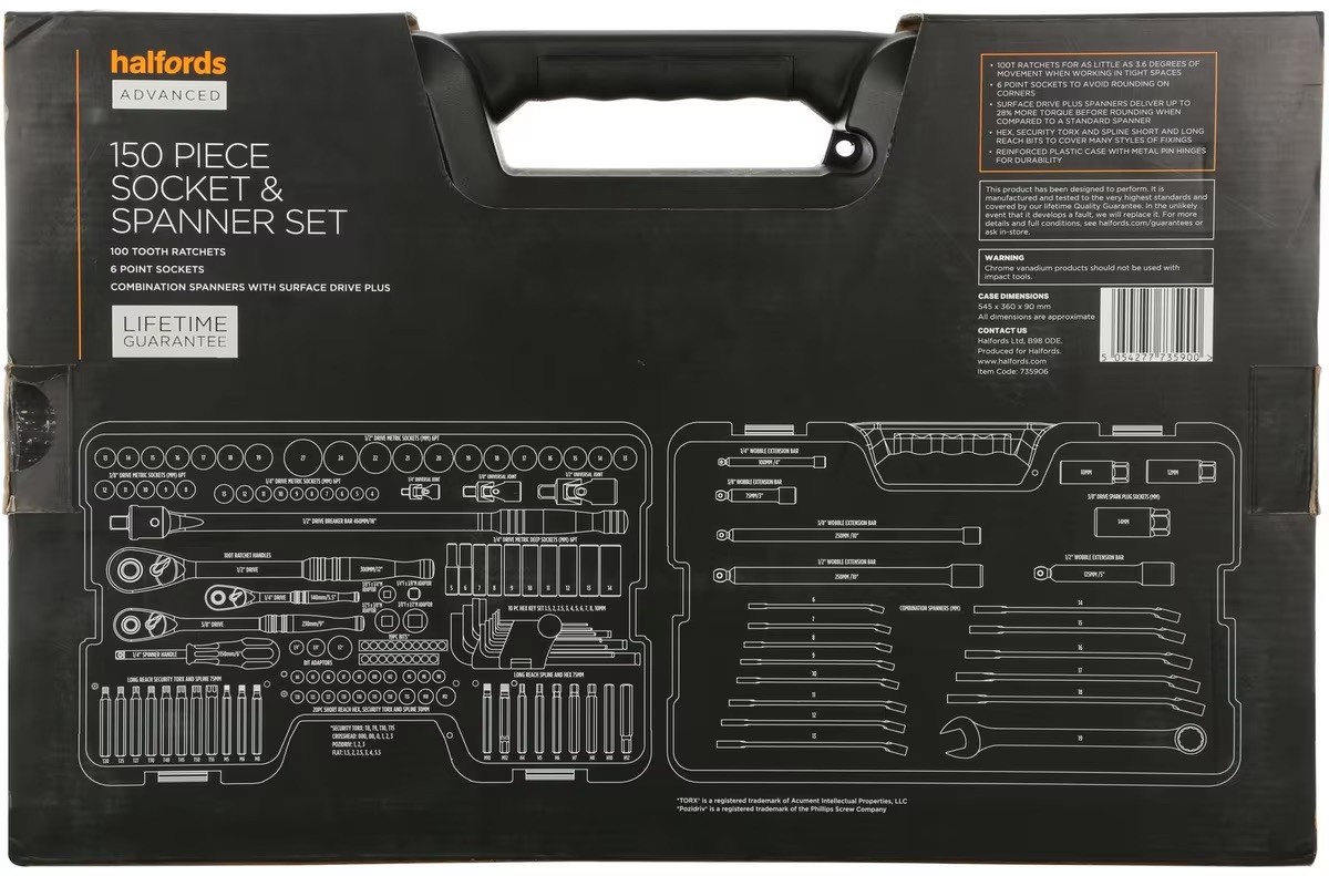 Halfords Advanced Professional 150 pc socket & spanner set Lifetime guarantee